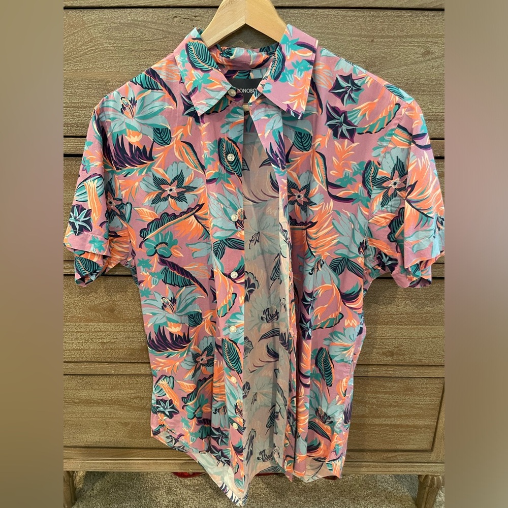 BONOBOS Short Sleeve Button-Up Shirt Slim Fit Pink Hawaiian Large